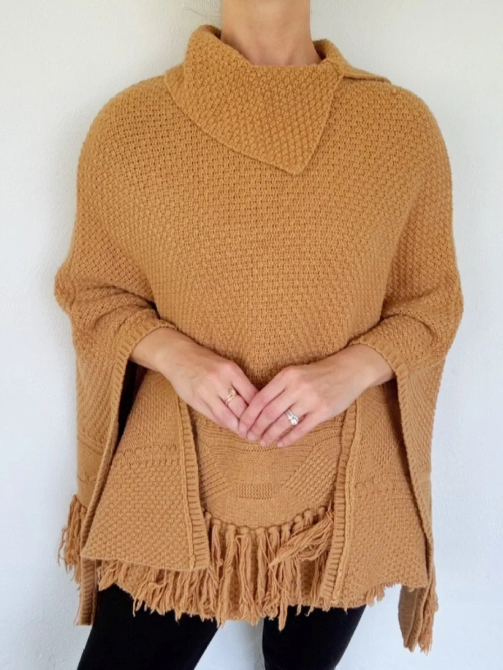 Coldwater Creek brown wool blend tassel fringe poncho sweater one size